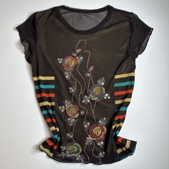 Brown Sheer Mesh Beaded Floral Embroidered Striped Y2K Boho Festival Top S - Picture 3 of 11
